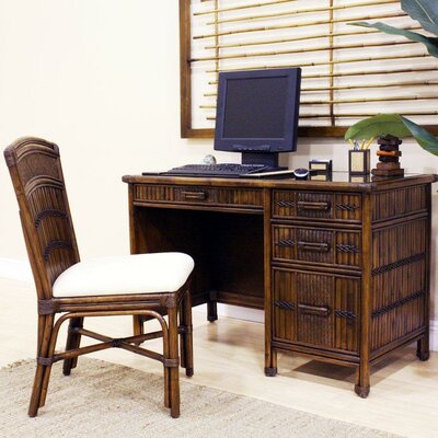 Polynesian Computer Desk with Chair and Keyboard Tray - Fabric: La Selva Paramount Vanilla