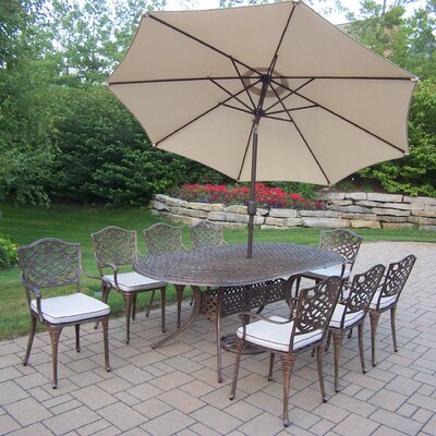 Mississippi 9 Piece Dining Set with Cushions and Umbrella - Umbrella Fabric: Beige