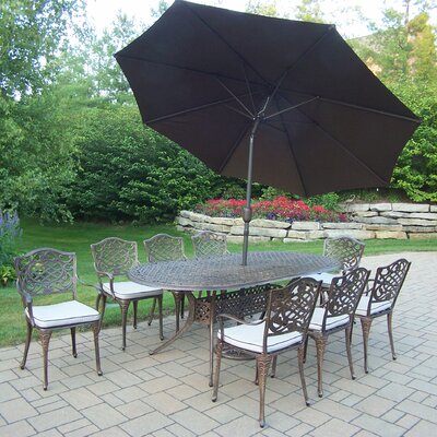 Mississippi 9 Piece Dining Set with Cushions and Umbrella - Umbrella Fabric: Brown