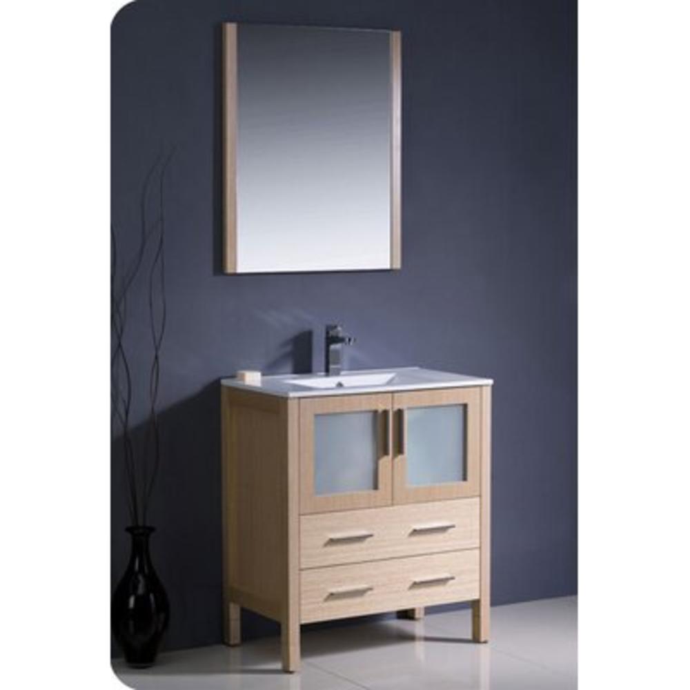 Torino 30" Single Modern Bathroom Vanity Set with Mirror - Base Finish: Light Oak