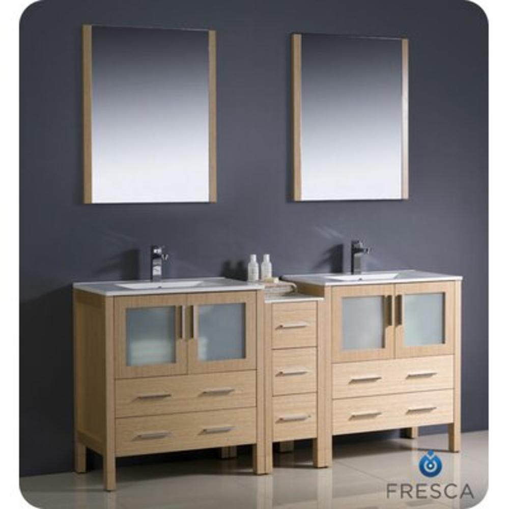 Torino 72" Double Modern Sink Bathroom Vanity Set with Mirror - Base Finish: Light Oak
