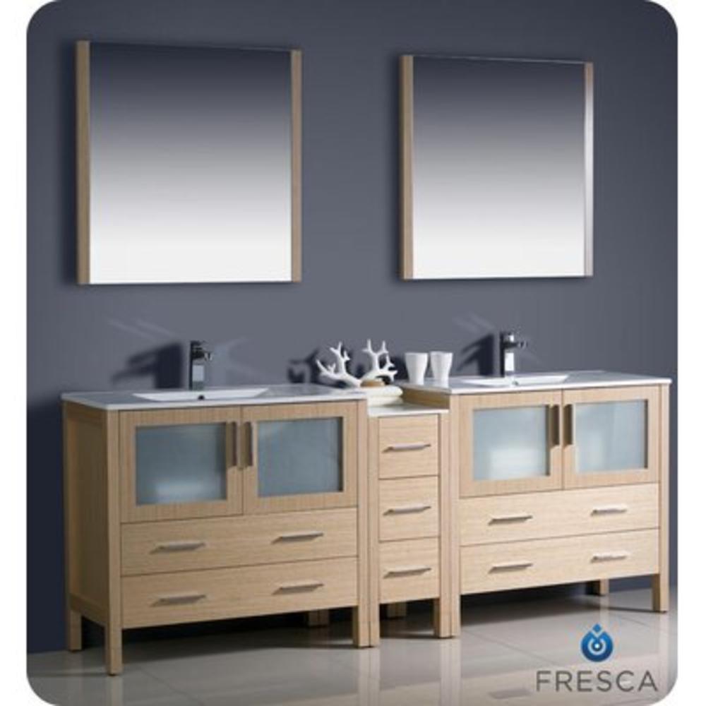 Torino 84" Double Modern Bathroom Vanity Set with Mirror - Base Finish: Light Oak