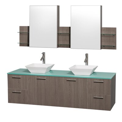 Amare 72" Double Bathroom Vanity Set with Mirror - Basin Finish: White Porcelain  Base Finish: Grey Oak  Top Finish: Green Glass