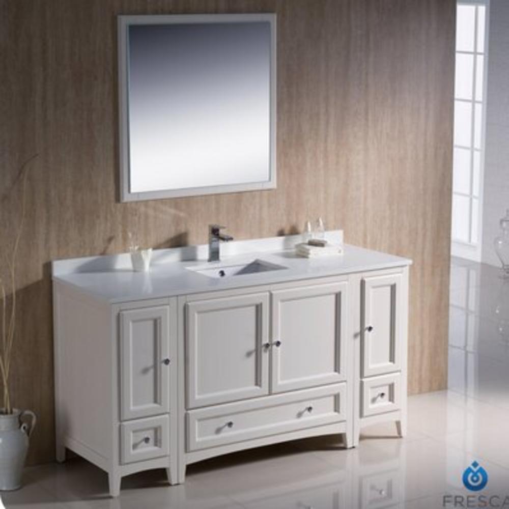 Oxford 60" Single Traditional Bathroom Vanity Set with Mirror - Finish: Antique White