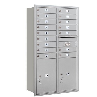 4C Horizontal Mailbox 15 Door High Unit Dbl. Column 16 Doors & 2 Parcel Lockers Rear Loading Private Access -Color:Aluminum