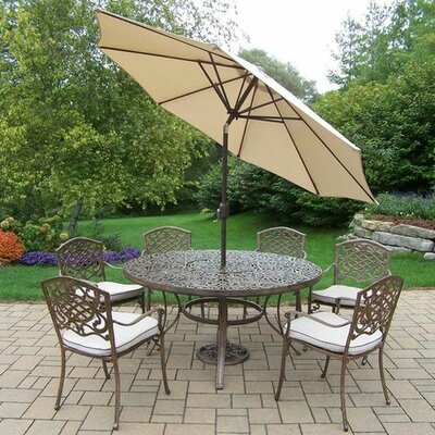 Mississippi 7 Piece Dining Set with Cushions - Cushion Color: Sunbrella Spunpoly  Umbrella Color: Brown
