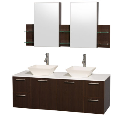 Amare 60" Dbl. Bathroom Vanity Set w/ Mirror -Base Finish:Espresso  Top Finish:White Man-Made Stone  Basin Finish:Bone Porcelain