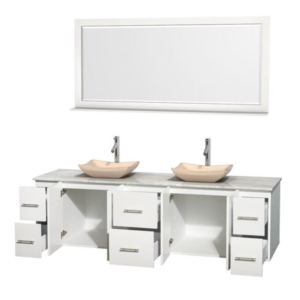 Centra 80" Double Bathroom Vanity Set with Mirror - Base Finish: White, Basin Finish: Ivory, Top Finish: Carrera White
