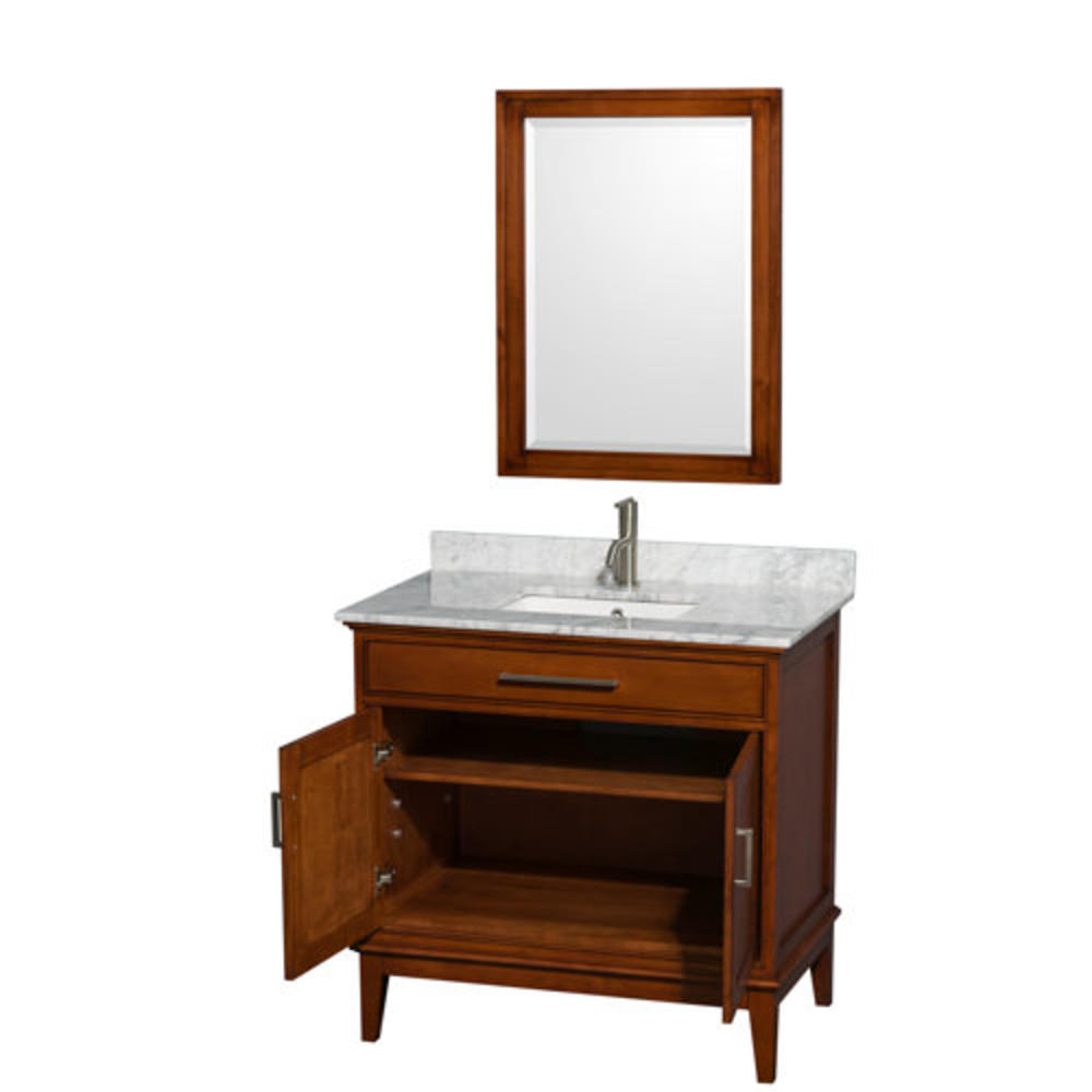 Hatton 36" Single Bathroom Vanity Set with Mirror - Top Finish: White Carrera  Base Finish: Light Chestnut