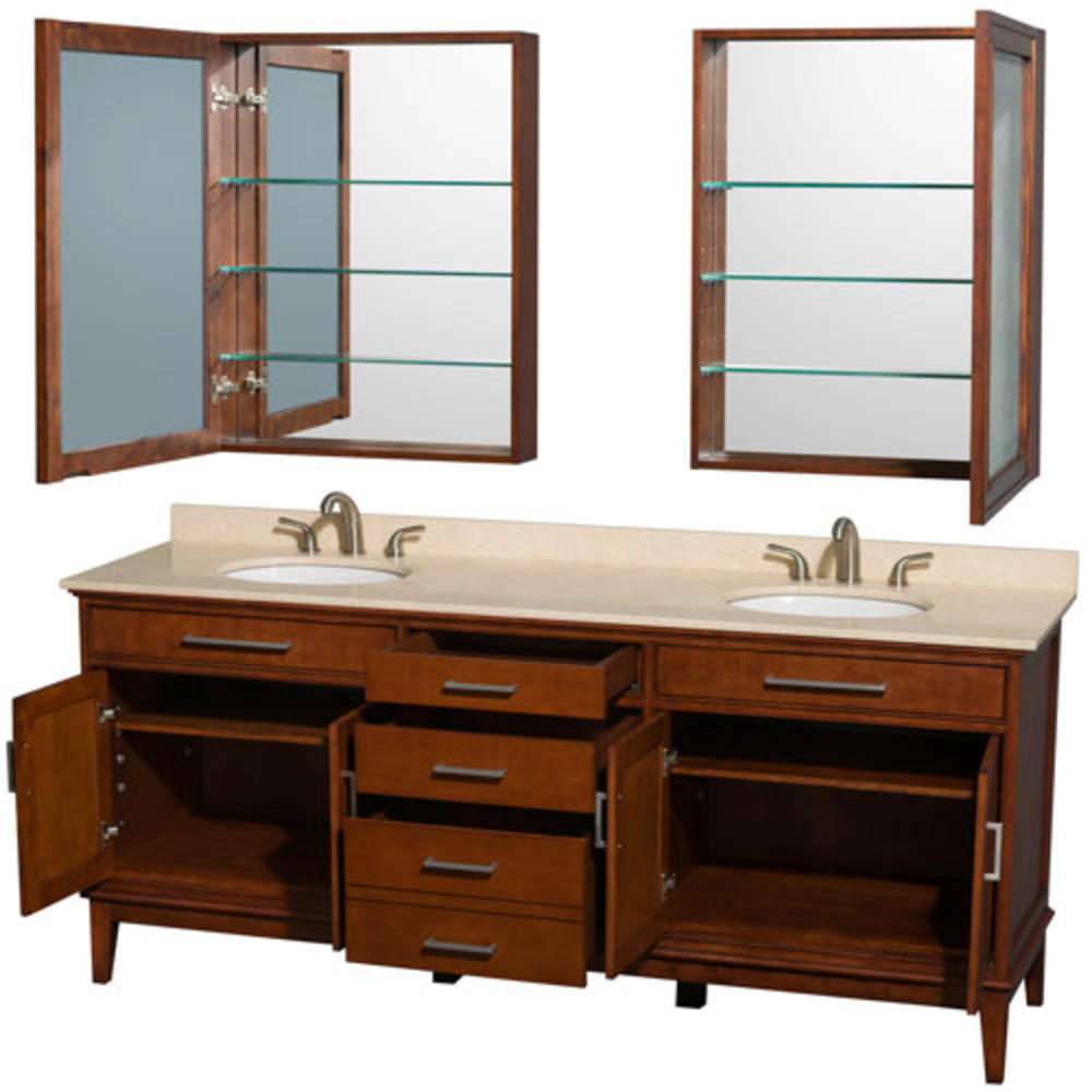 Hatton 80" Double Bathroom Vanity Set with Mirror - Top Finish: Ivory  Base Finish: Light Chestnut