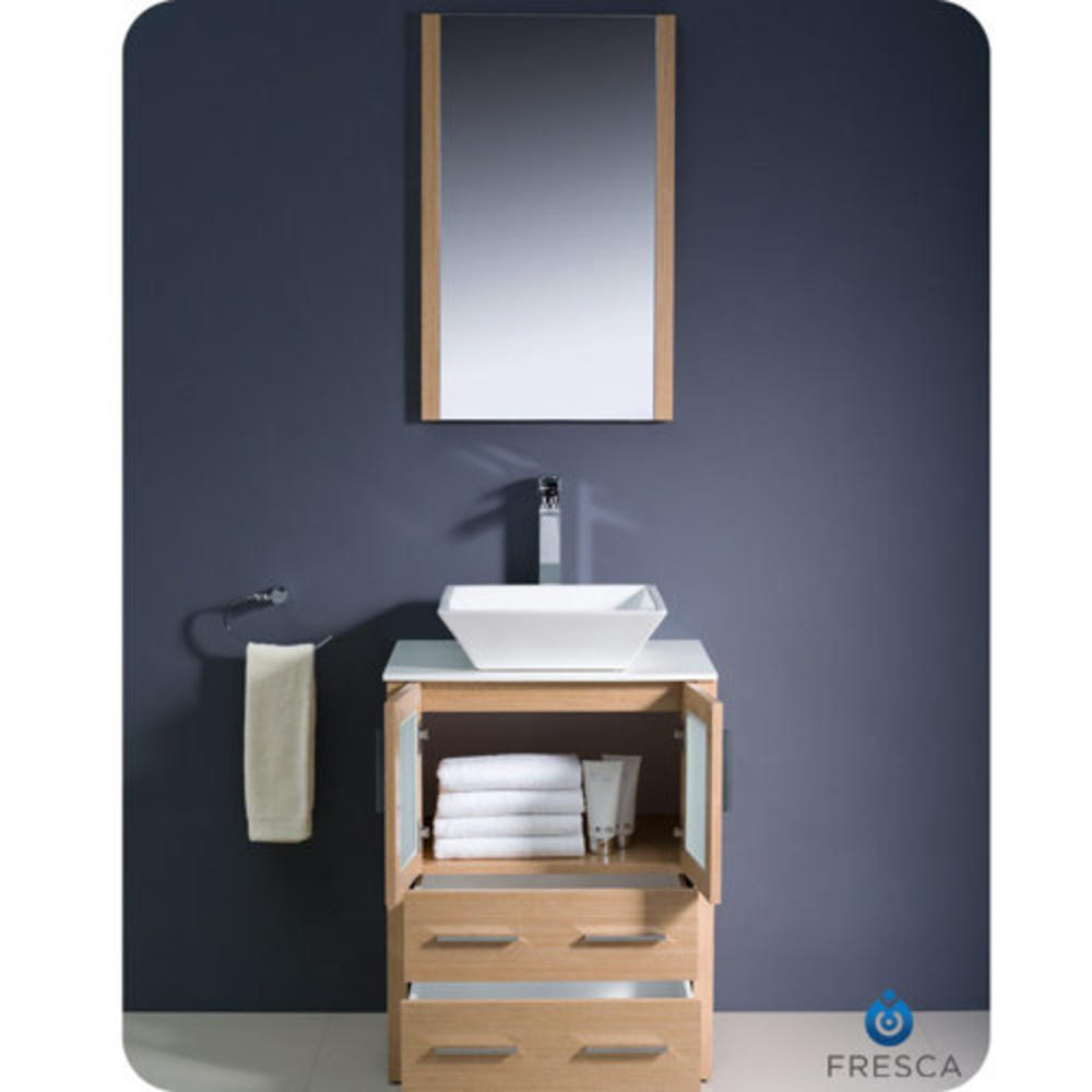 Torino 24" Single Modern Bathroom Vanity Set with Mirror - Base Finish: Light Oak