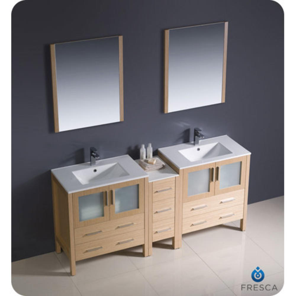 Torino 72" Double Modern Sink Bathroom Vanity Set with Mirror - Base Finish: Light Oak