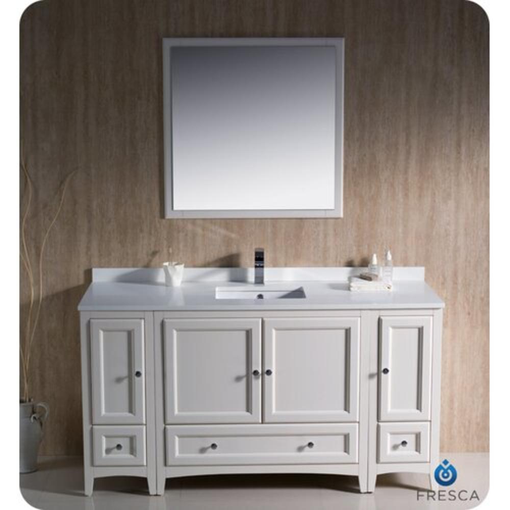 Oxford 60" Single Traditional Bathroom Vanity Set with Mirror - Finish: Antique White