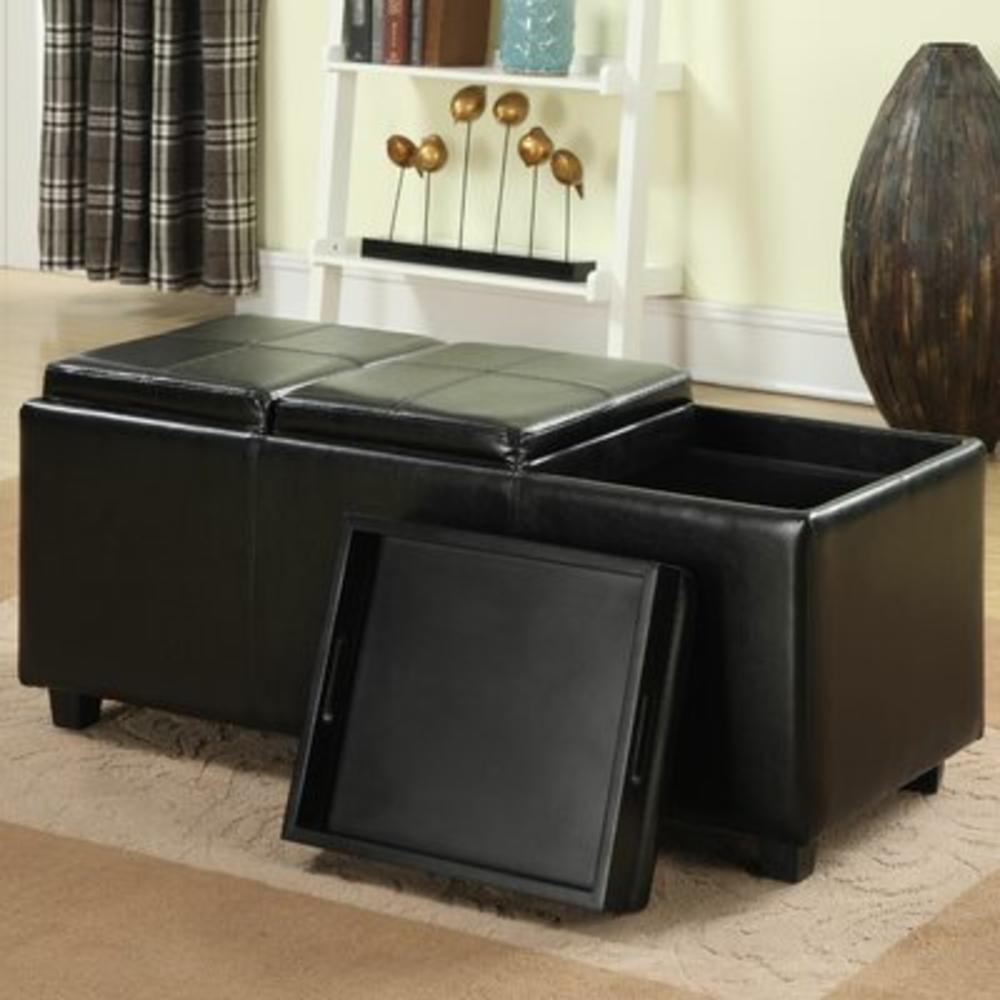 Avalon Rectangular Storage Ottoman with 3 Serving Trays - Color: Black