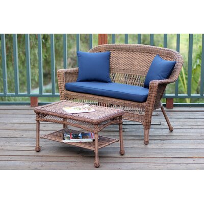 2 Piece Seating Group with Cushions - Fabric: Blue, Finish: Honey