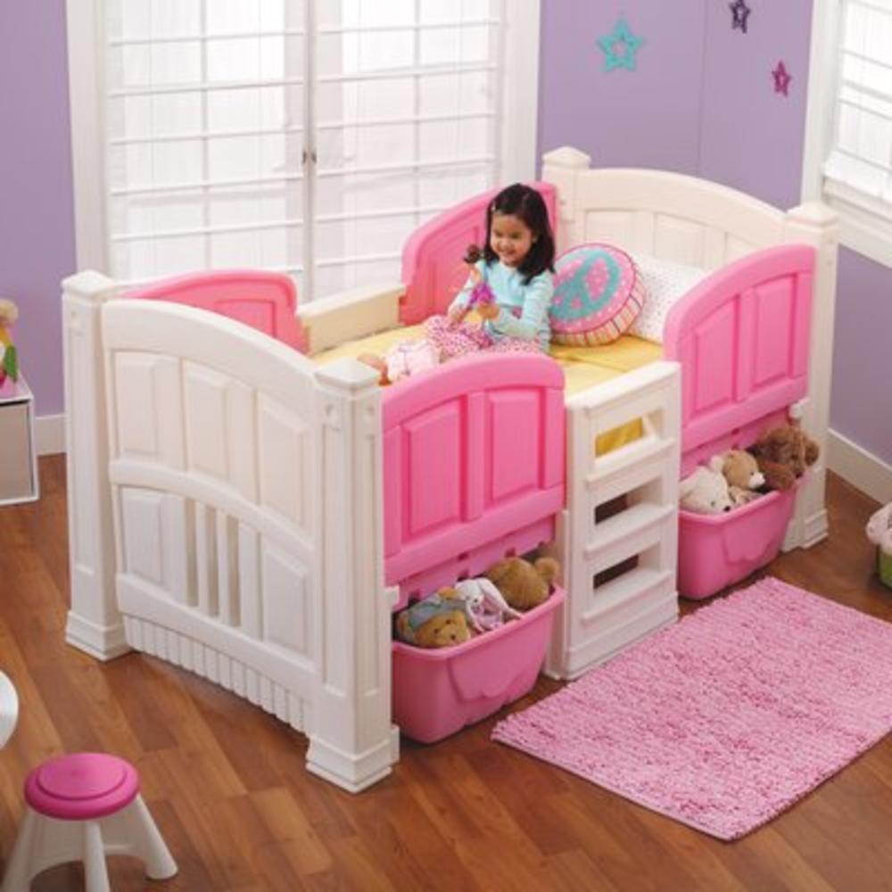 Twin Low Loft Bed with Storage - Color: White/Pink