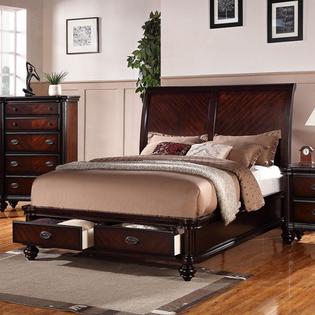 Poundex Furniture Traditional Cherry Curved High Headboard Storage Queen King Bed with 2 Drawers Turn Legs Poundex Furniture Traditional Cherry Curved High Headboard Storage Queen King Bed with 2 Drawers Turn Legs