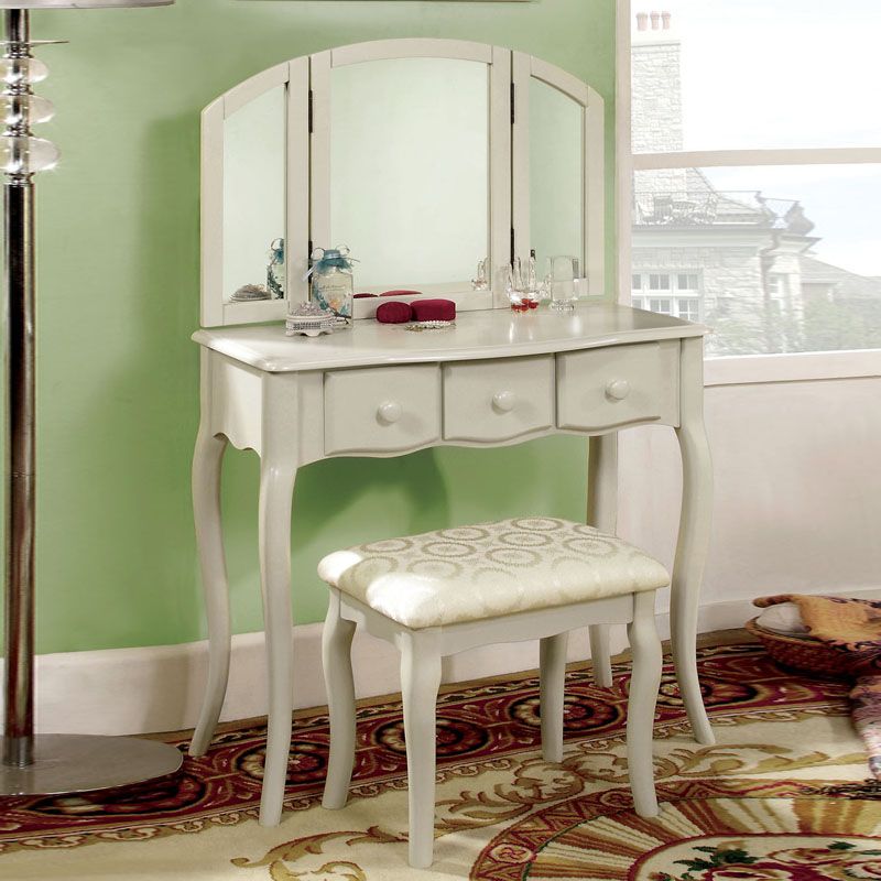 3PC  TRI-FOLDING Mirror Cream Make Up Table Padded Bench Drawers Vanity Set