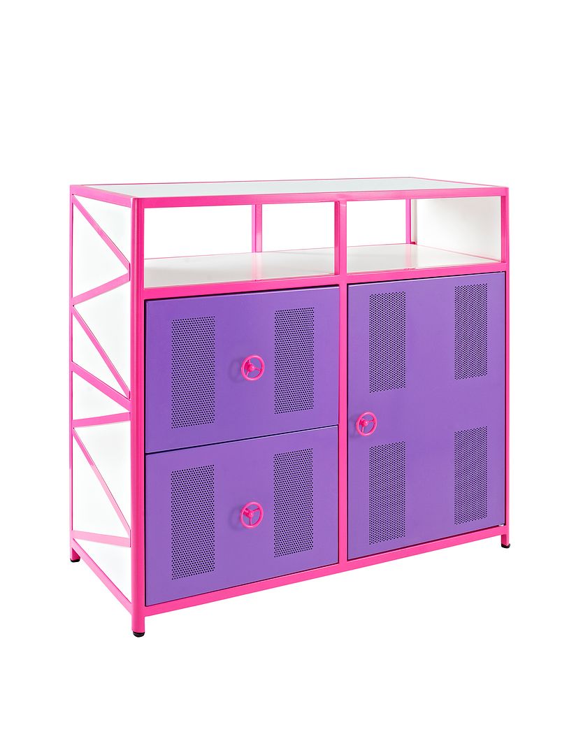 Youth Girl's Buggy  1 Door 2 Drawer Dresser Accent Table in Pink / Purple / White with Metal Frame