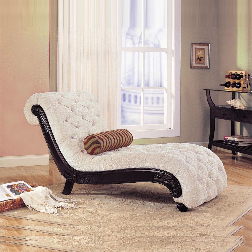 Traditional Armless Beige Button Tufting Accent Seating Chaise Lounge with Espresso Carved Wood Trim
