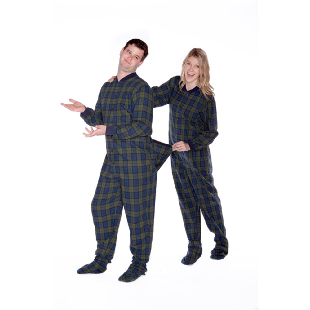 Big Feet Pajamas Navy Blue & Green Plaid Flannel Adult Mens Footed Pajamas w/ Rear Flap Sleeper