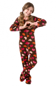 Big Feet Pjs - Kids Chocolate Brown w/ Hearts Footie Pajamas