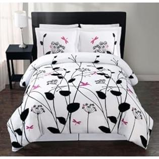 SL Soft Contemporary 4-pieces White Black Pink Floral Flocking Comforter Set California /Cal King SL Soft Contemporary 4-pieces White Black Pink Floral Flocking Comforter Set California /Cal King