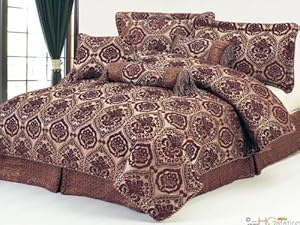 HGS 7-Pc Quality Chenille Floral Damask Flocking Comforter Set Brown Gold Taupe Queen HGS 7-Pc Quality Chenille Floral Damask Flocking Comforter Set Brown Gold Taupe Queen