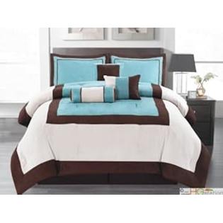 HGS 7-Pc Soft Micro Faux Suede Modern Square Comforter Set Blue Brown Beige Queen HGS 7-Pc Soft Micro Faux Suede Modern Square Comforter Set Blue Brown Beige Queen