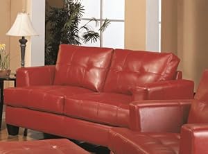 Coaster Loveseat Sofa with Wooden Legs Contemporary Red Leather Coaster Loveseat Sofa with Wooden Legs Contemporary Red Leather