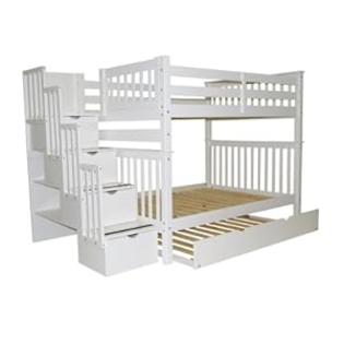 Bedz King Full Over Full Stairway Bunk Bed with Twin Trundle, White Bedz King Full Over Full Stairway Bunk Bed with Twin Trundle, White
