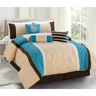 AHF 7pcs Turquoise Tan Brown Microfiber Quilted Embroidery Leaf Comforter Set King AHF 7pcs Turquoise Tan Brown Microfiber Quilted Embroidery Leaf Comforter Set King
