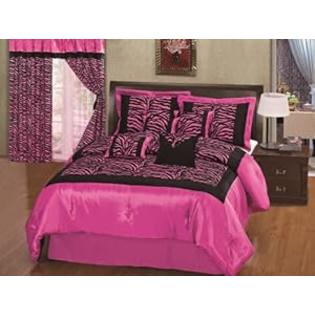 JR Home 8pcs Hot Pink Black Satin Zebra Flocking Comforter Set Full Size with 4 Pillows JR Home 8pcs Hot Pink Black Satin Zebra Flocking Comforter Set Full Size with 4 Pillows