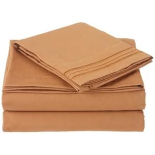 Cathay+Home Cathay Home Microfiber Peach Skin Sheet Set with Triple Line Embroidered Pillow Cases, Full Size, Camel Cathay+Home Cathay Home Microfiber Peach Skin Sheet Set with Triple Line Embroidered Pillow Cases, Full Size, Camel