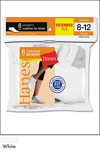 Hanes Women's 6-Pack Cushion Extra Low Cut - Larger Shoe Size 650/6P, White, 8-12