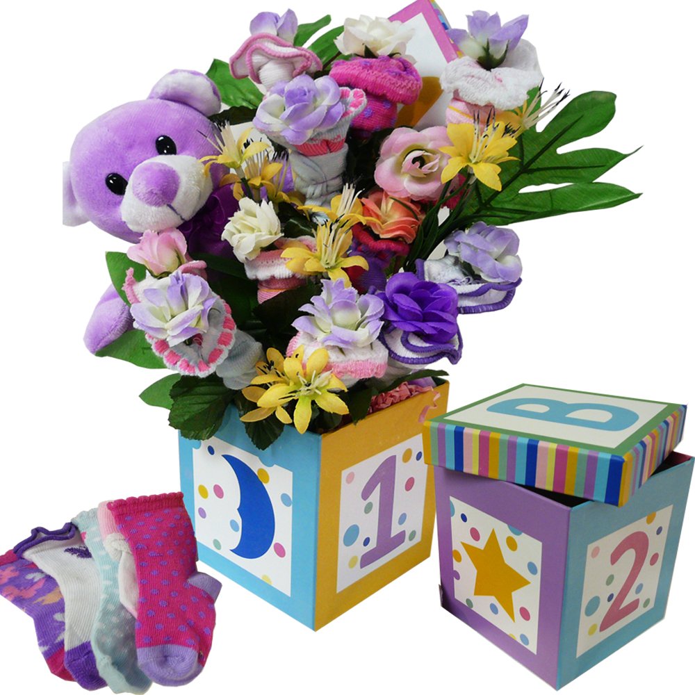 Tiny Toes Baby Sock Bouquet with Teddy Bear - Girl