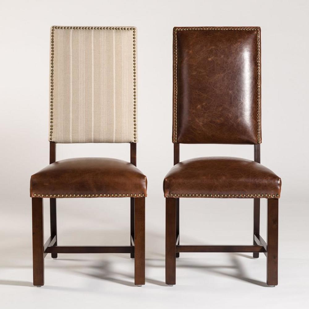 New Pair Brown Leather Dining Side Chairs Wood Hand-Crafted Nailhead Trim
