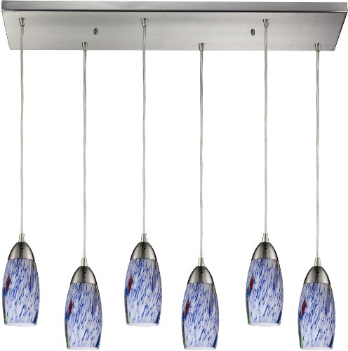 30 by 9-Inch Milan 6-Light Pendant with Starburst Blue Glass
Shade Satin Nickel Finish