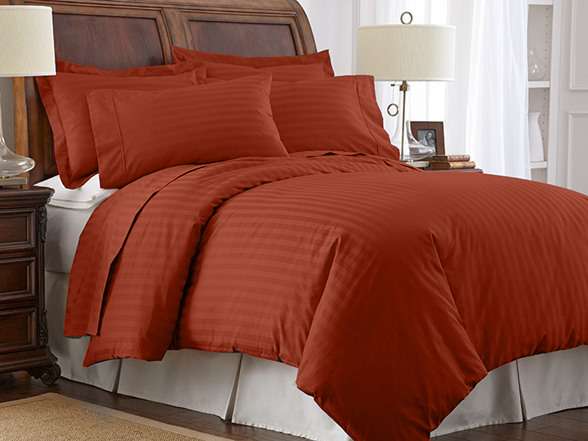 Classic 400tc Egyptian Cotton Stripe Sheet Set - Short Queen , Brick Red With 29" Deep Pockets