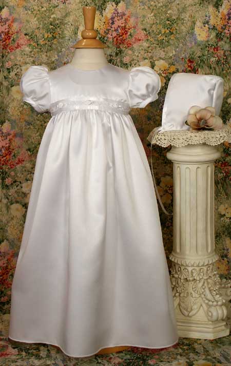 Little Things Mean a Lot White Satin Christening Baptism Gown with Rosette Trim and Bonnet at Sears.com