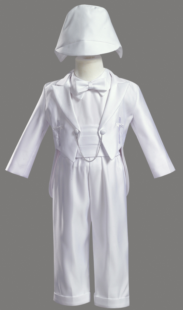 LITO White Round Tail Satin Christening Baptism 5 Piece Tuxedo Accented with an Embroidered Cross and Hat at Sears.com