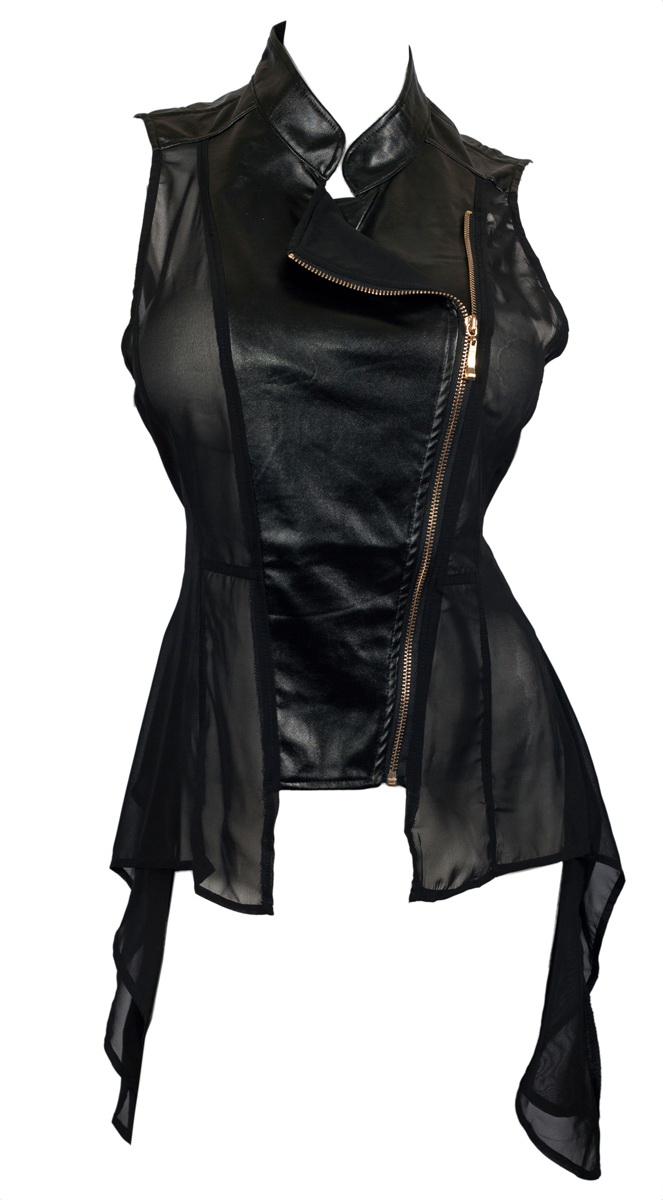 Evogues Apparel Plus Size Sleeveless Sheer And Faux Leather Panel Evogues Apparel Plus Size Sleeveless Sheer And Faux Leather Panel Jacket Black