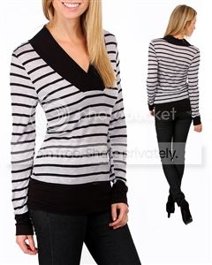 FM Gifts GRAY/BLACK STRIPE LONG SLEEVE V-NECK TOP at Sears.com