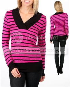 FM Gifts MAGENTA/BLACK STRIPE LONG SLEEVE V-NECK TOP at Sears.com