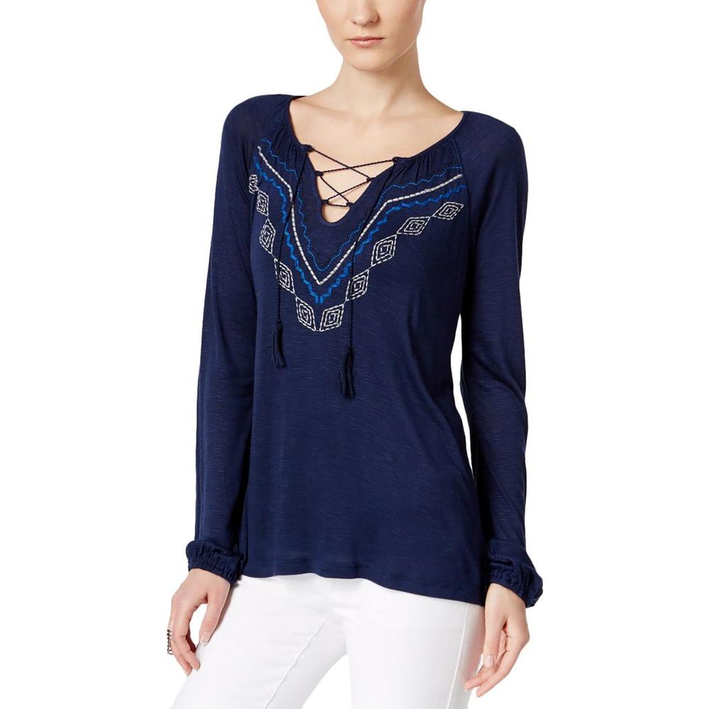 Sanctuary Womens Lace-Up Embroidered Peasant Top