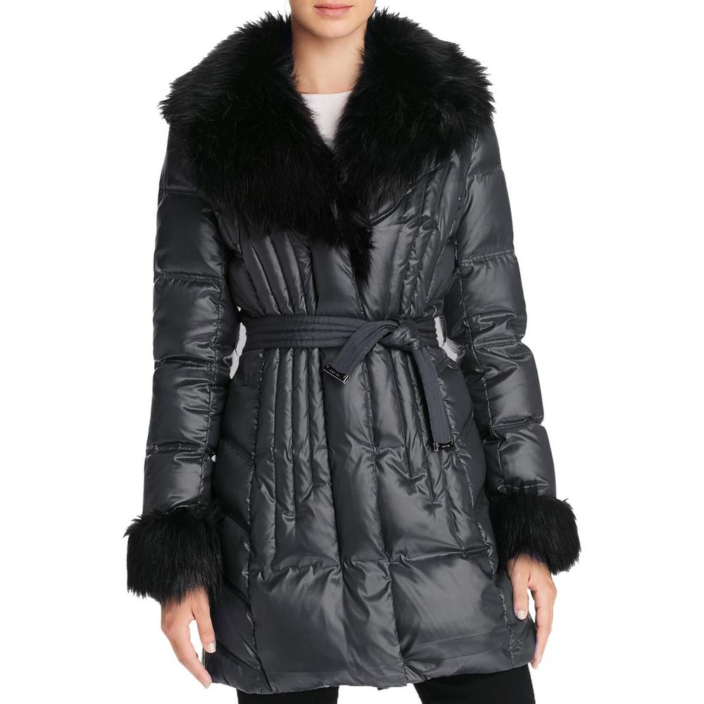Via Spiga Womens Faux Fur Trim Outerwear Coat