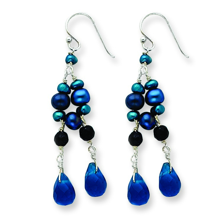JewelryWeb Sterling Silver Blue Goldstone Blue Crystal Pearl Earrings