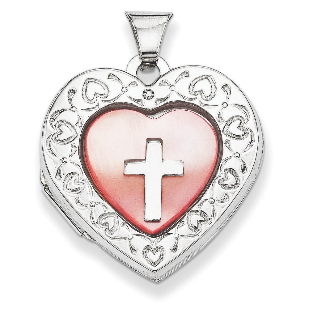 JewelryWeb Sterling Silver Pink Mother of Pearl 21mm Heart Locket