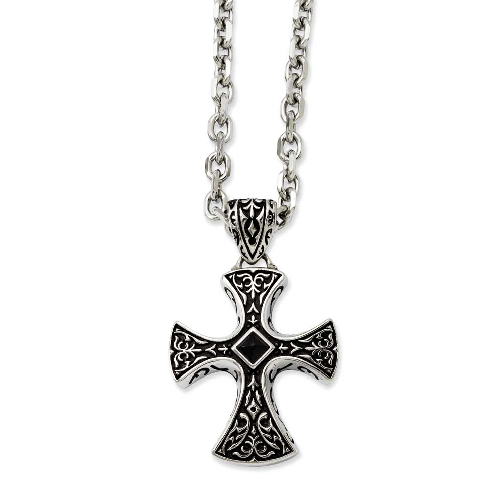 Jewelryweb Stainless Steel Black Agate and Antiqued Cross Pendant 24inch Necklace - 24 Inch at Sears.com