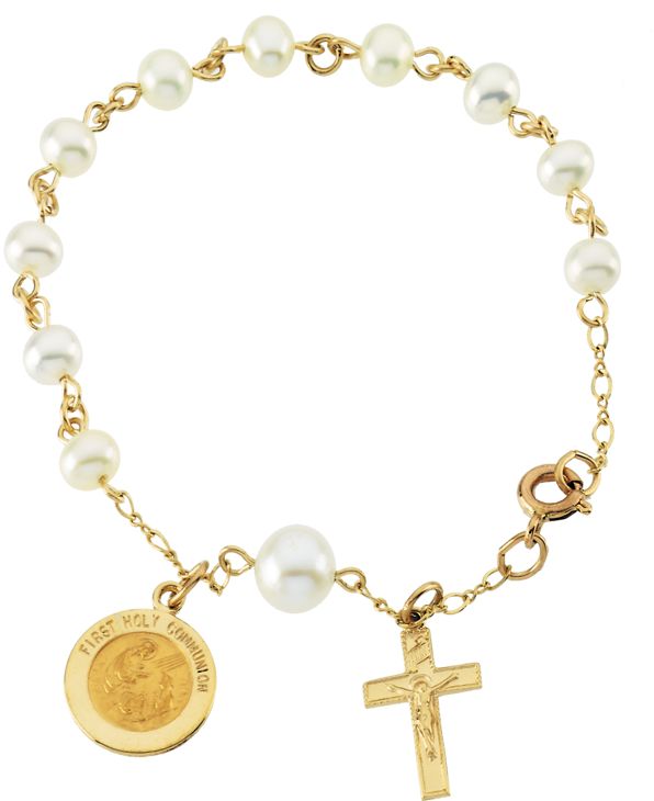 JewelryWeb 14k Yellow Gold First Holy Communion Pearls Rosary Bracelet JewelryWeb 14k Yellow Gold First Holy Communion Pearls Rosary Bracelet